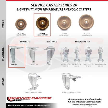 Service Caster 4 Inch High Temp Phenolic Wheel Rigid Top Plate Caster SCC-20R414-PHSHT